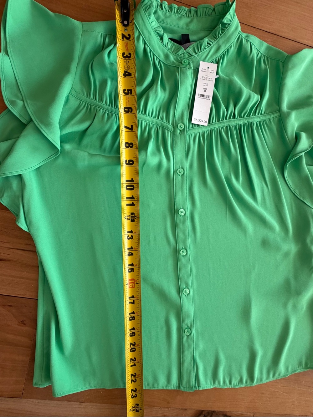 White House Black Market Mint Ruffle Cap-Sleeve Button Front Blouse Green Medium - Picture 7 of 12